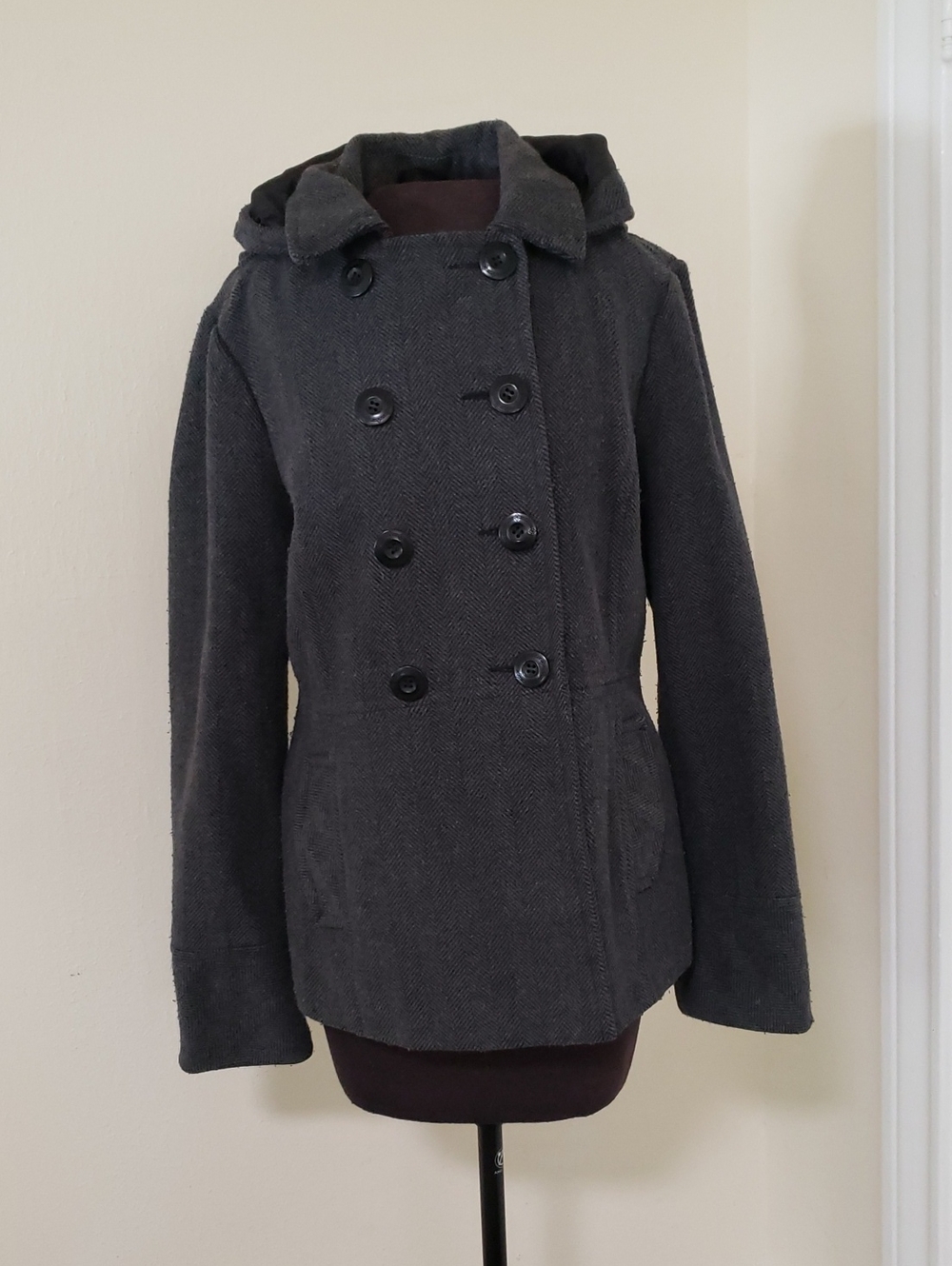 Women's Double-Breasted Hooded Peacoat - Charcoal Gray